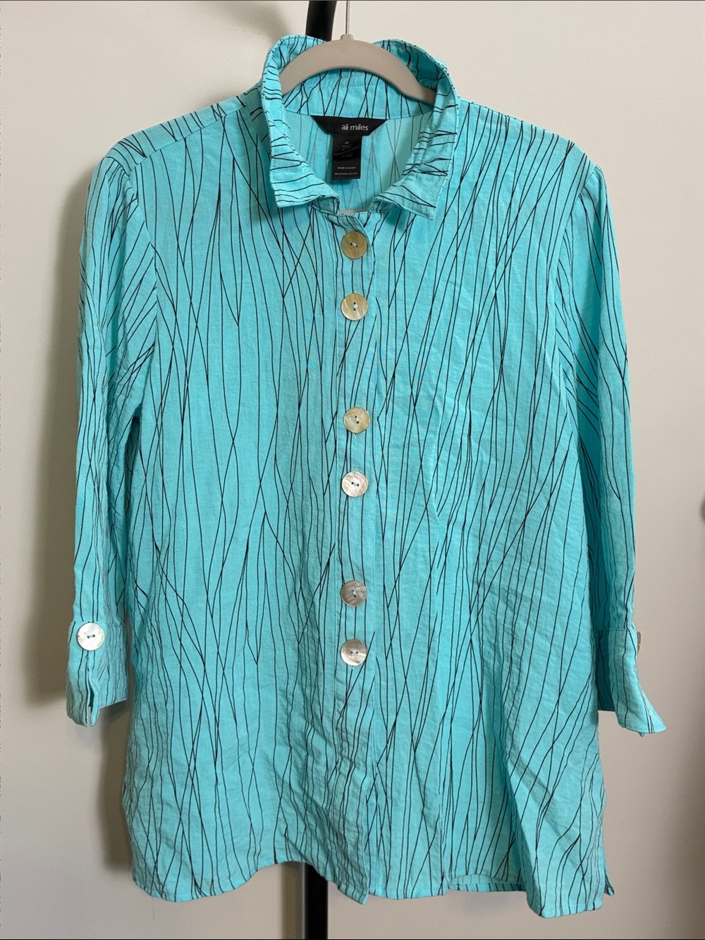 Ali Miles Aqua Blue Button-Front Long Sleeve Shirt Black Linear Print Medium